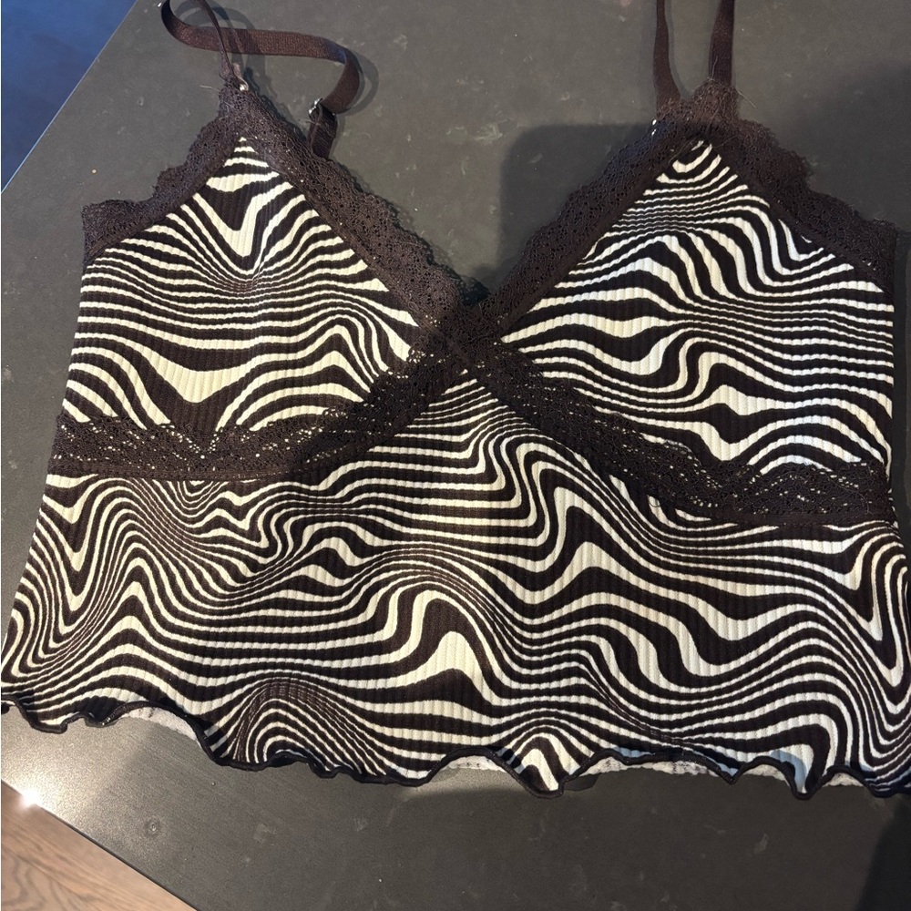 Brown and White Lace Trim Cami Top